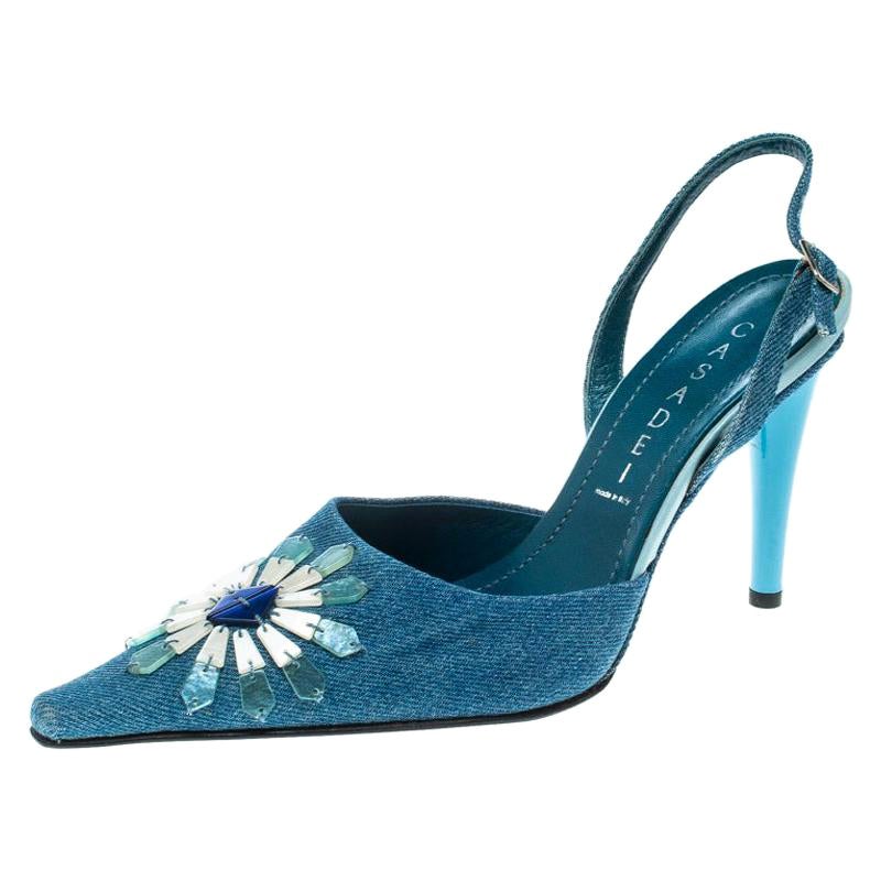 Casadei Blue Denim Pointed Toe Slingback Sandals Size 37.5 For Sale