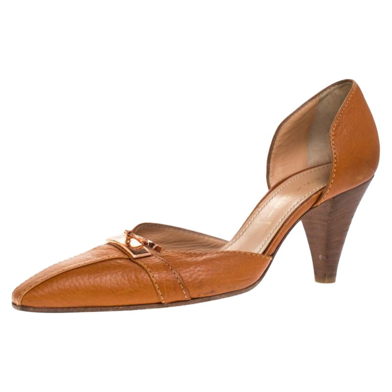 Casadei Brown Leather Padlock Detail Half D'orsay Pumps Size 37.5 For Sale