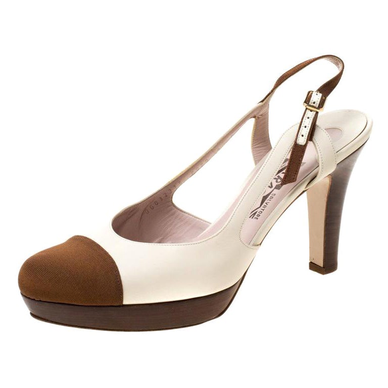 Salvatore Ferragamo White Leather And Brown Canvas Slingback Sandals Size 39.5 For Sale
