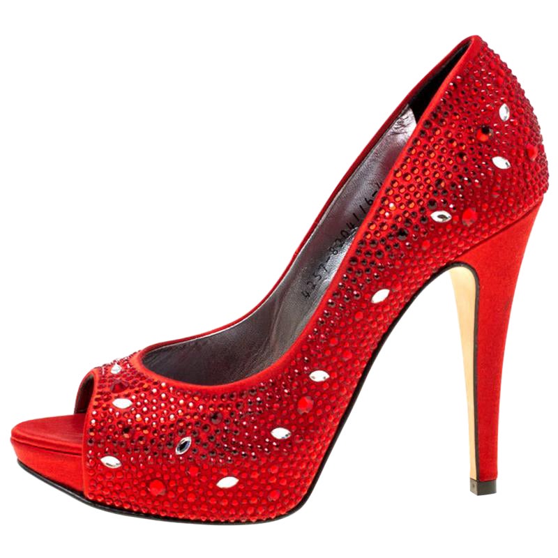 Gina Red Satin Crystal Embellished Peep Toe Platform Pumps Size 37 For Sale
