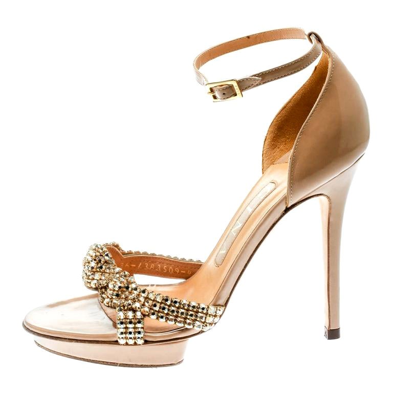 Gina Beige Leather Crystal Embellished Ankle Strap Platform Sandals Size 37 For Sale
