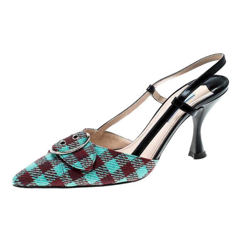 Prada Multicolor Check Pattern Fabric and Leather Slingback Sandals Size 37.5 For Sale