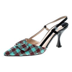 Prada Multicolor Check Pattern Fabric and Leather Slingback Sandals Size 37.5