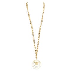 new VERSACE gold tone nickel Medusa halo medallion coin chunky long necklace