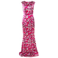 Mary Katrantzou Fuchsia Pink Bejeweled Feather Printed Silk Satin Evening Gown M