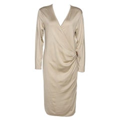 Ralph Laurent Beige Silk Knit Leather Strap Detail Fitted Dress L