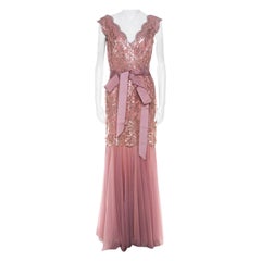 Tadashi Shoji Dusty Rose Sequin Embellished Scalloped Lace Detail Tulle Gown M