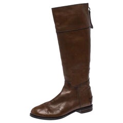 Used Chloe Brown Leather Knee Length Flat Boots Size 42