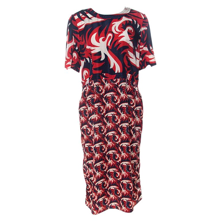 Marni Red & Blue Mixed Print Silk Blend Short Sleeve Dress M