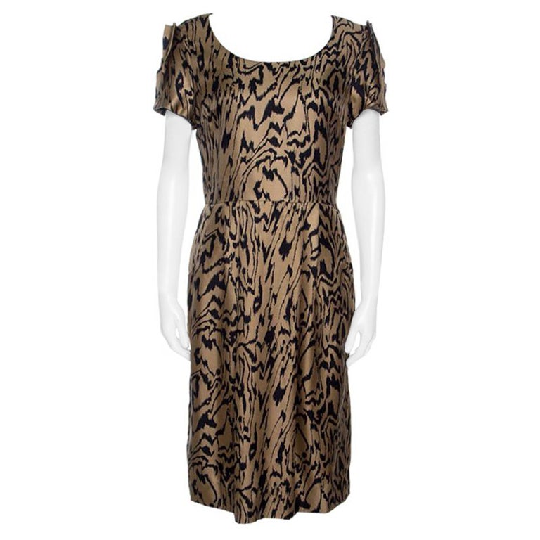 Temperley London Brown and Black Printed Silk Short Sleeve Dress M For Sale