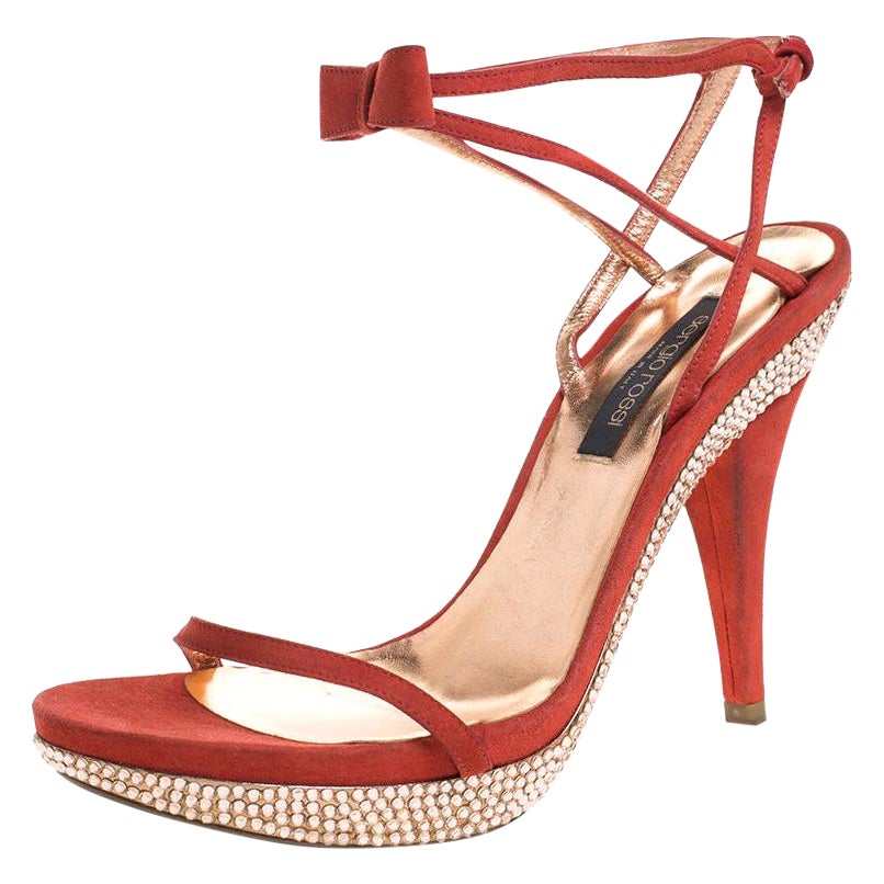 Sergio Rossi Red Suede Crystal Embellished Ankle Strap Platform Sandals Size 37 For Sale