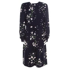 Miu Miu Navy Blue Floral Printed Ruched Waist Detail Long Sleeve Dress M