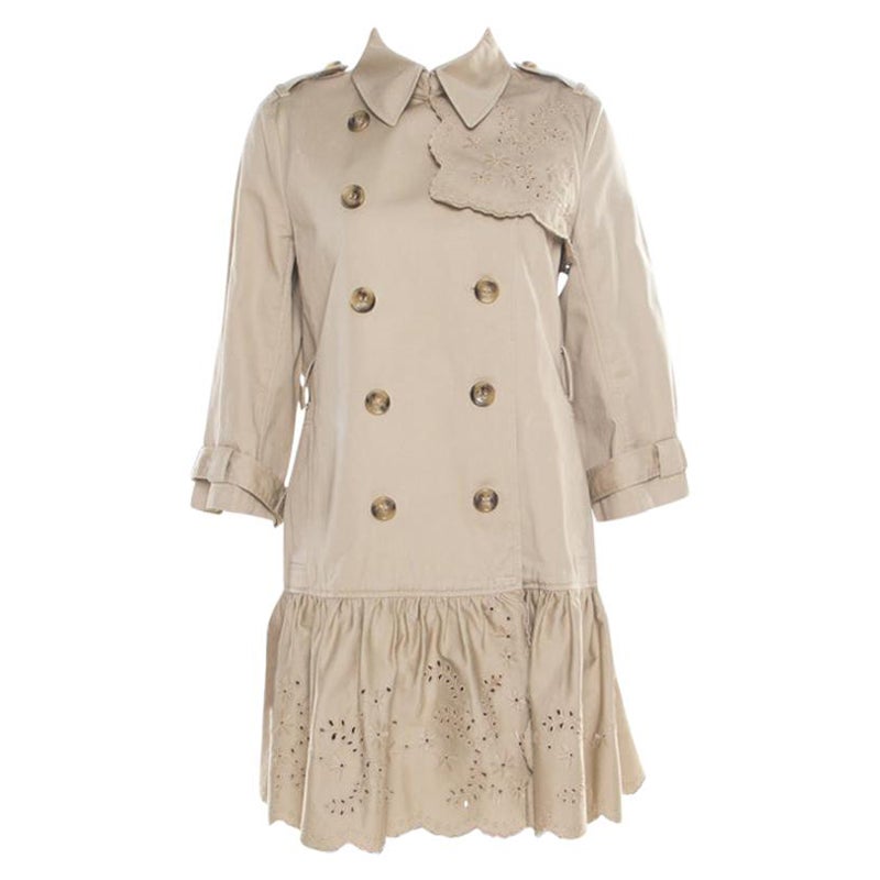 Red Valentino Beige Cotton Twill Eyelet Embroidered Ruffled Double Breasted Coat
