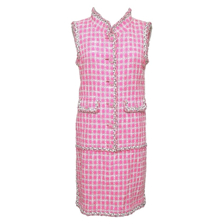 CHANEL Tweed Dress Pink White Black Grey Leather Sleeveless Lesage 40 For  Sale at 1stDibs