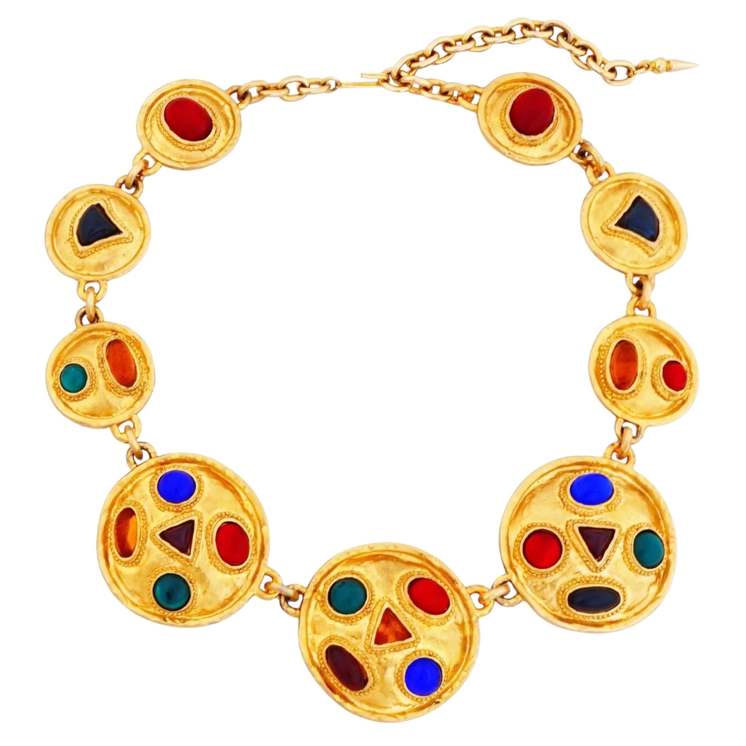 Medallion Link Statement Necklace With "Gripoix" Glass By Les Bernard, 1980s For Sale