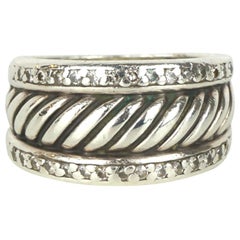 Used David Yurman Sterling Silver and 2 Rows Pave Diamond Cable Cigar Band Ring