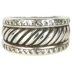 David Yurman Sterling Silber und 2 Reihen Pave Diamant Kabel Zigarrenband Ring