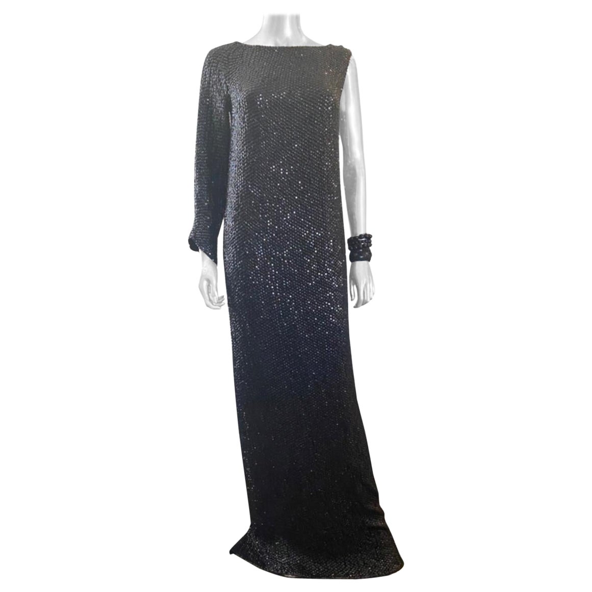 Escada Spectacular One Sleeve Black Jet Hand-Beaded Dress NWT Size 6 For Sale