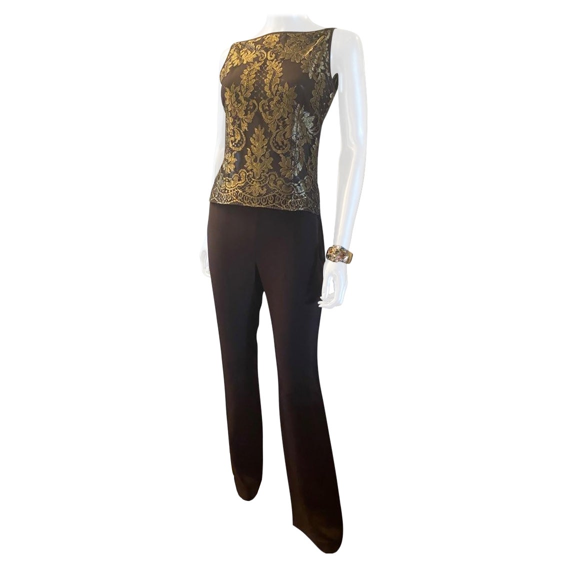 Black Valentino Italy Chocolate & Metallic Gold Blouse and Trouser Set Size 6-8 For Sale