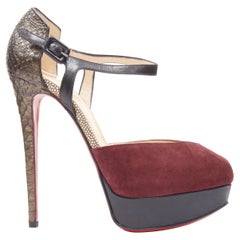 Used new CHRISTIAN LOUBOUTIN burgundy red suede peep scaled heel platform pump EU37.5