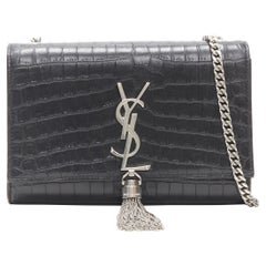 SAINT LAURENT Small Kate black embossed croc silver YSL tassel crossbody bag