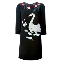 UNWORN Dolce & Gabbana Black Crystal Embellished Appliqué Lace Swan Dress 42