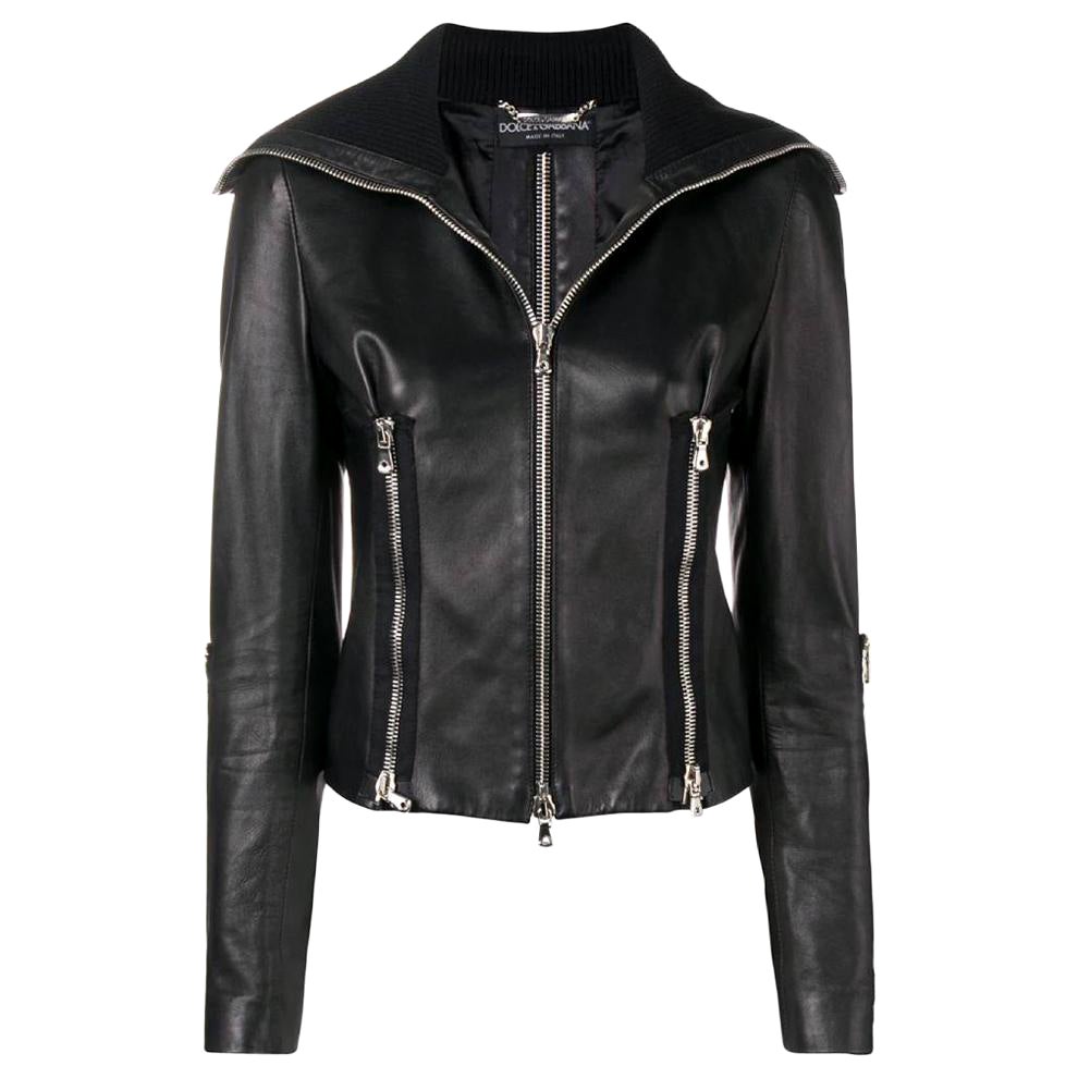 1990s Dolce & Gabbana Black Leather Jacket For Sale