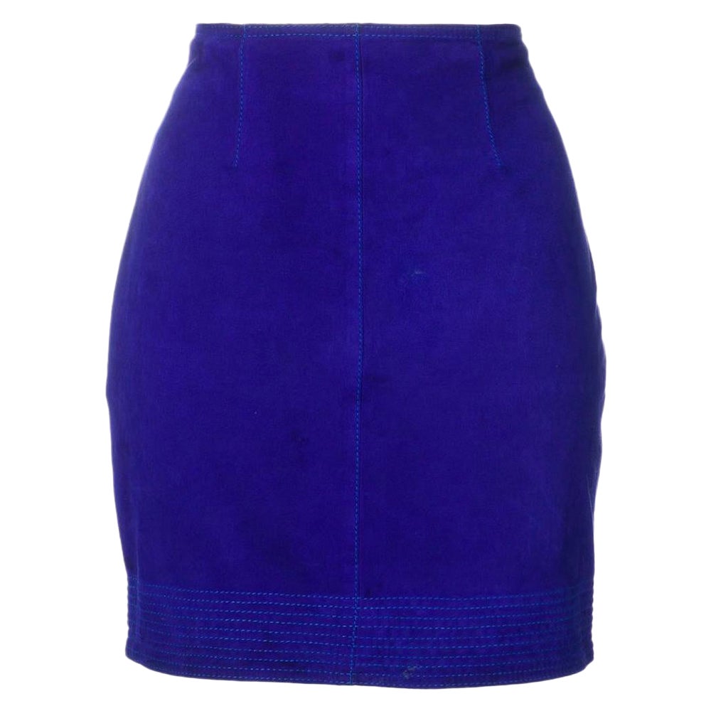 1980s Versus electric blue suede straight mini skirt For Sale