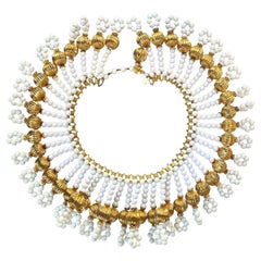 Vintage William De Lillo 1970s Gold & White Glass Bead Fringe Necklace