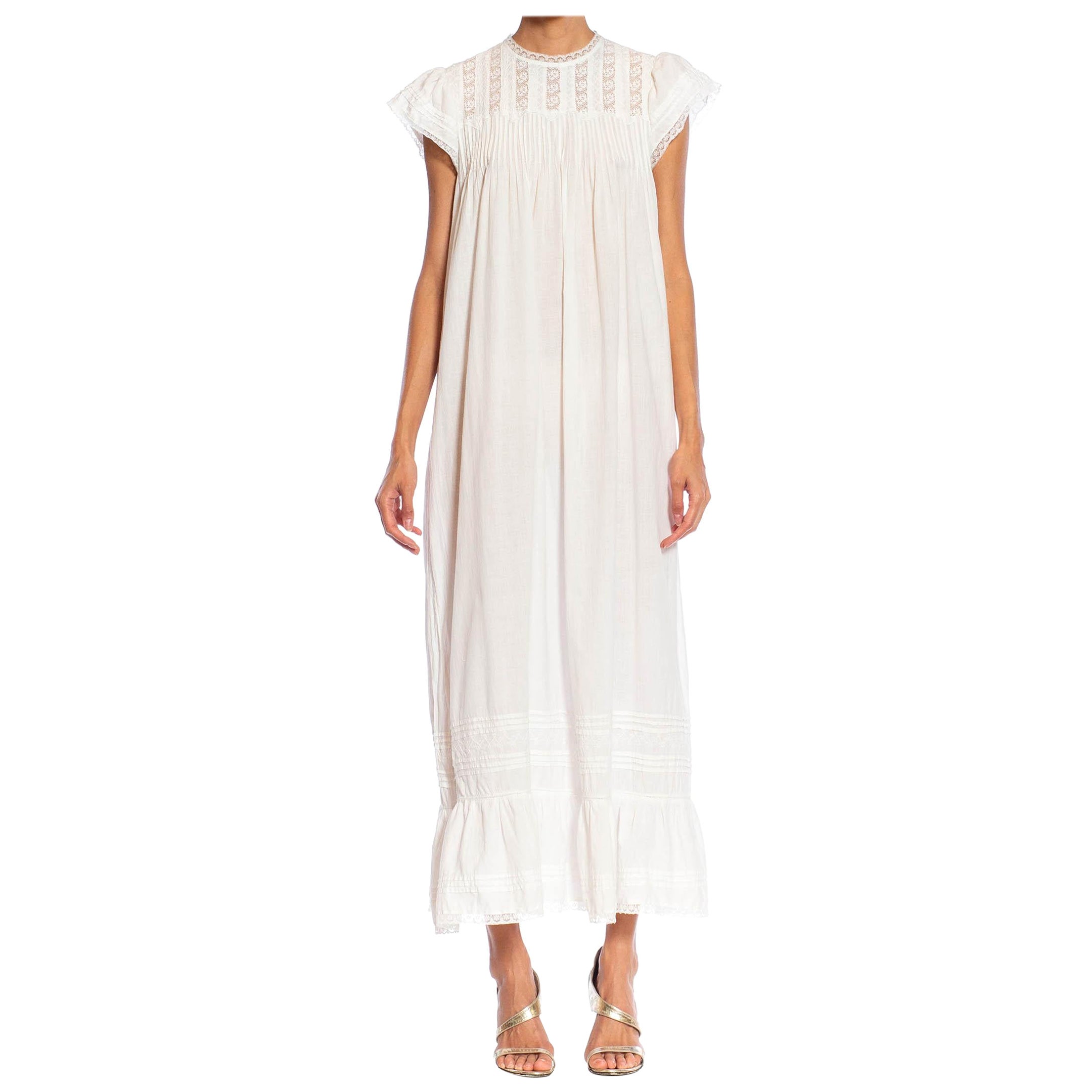 1950S White Cotton Victorian Style Night Shirt Dress