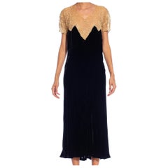1930S Black Bias Cut Silk Velvet & Lace Evening Dress
