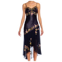 1990S Black Floral Silk Chiffon Beaded 1920S Style Dress
