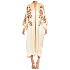 1940S Cream Embroidered Colorful Birds Silk Kimono