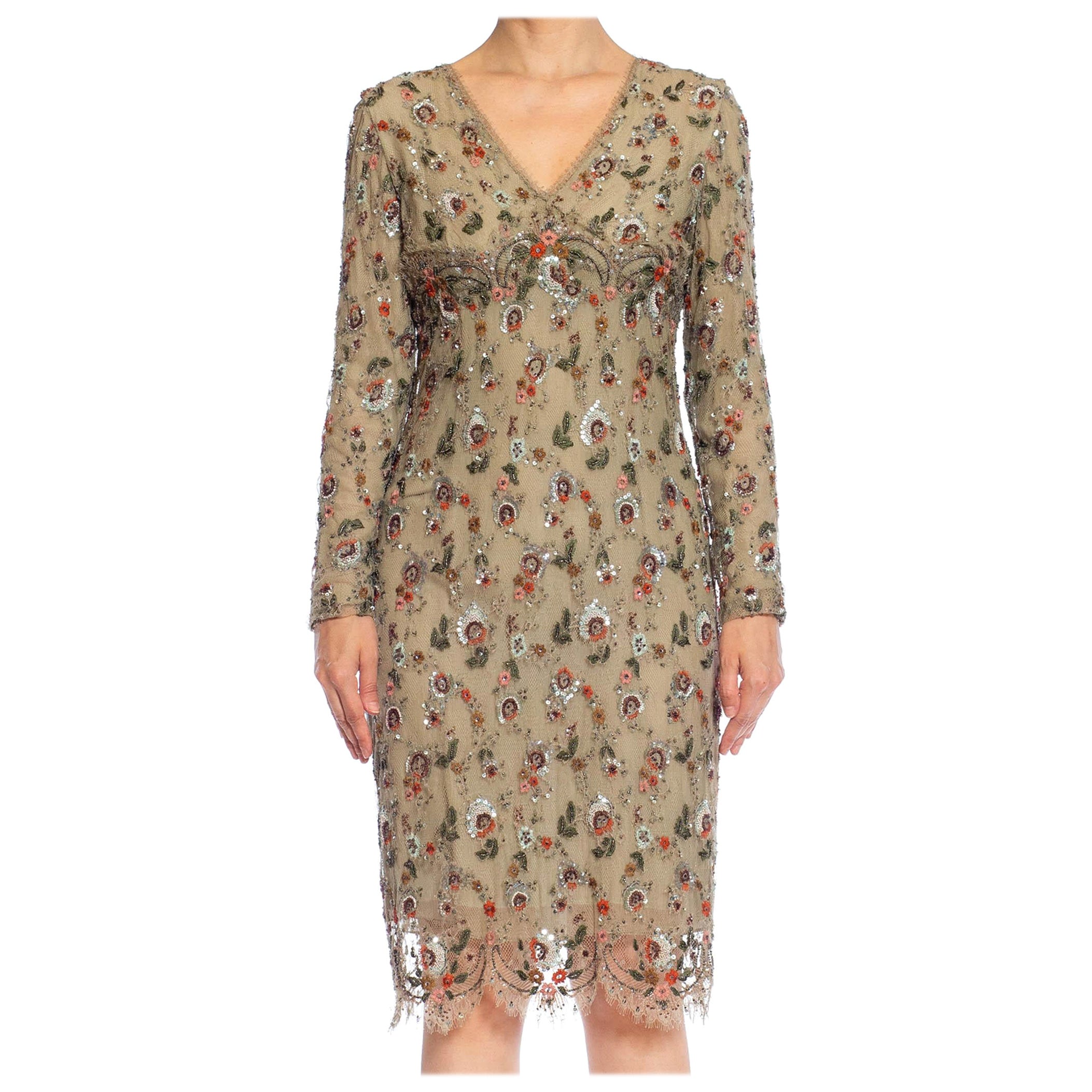 1990S OSCAR DE LA RENTA Off White Silk Fully Beaded & Crystal Encrusted Cocktai For Sale