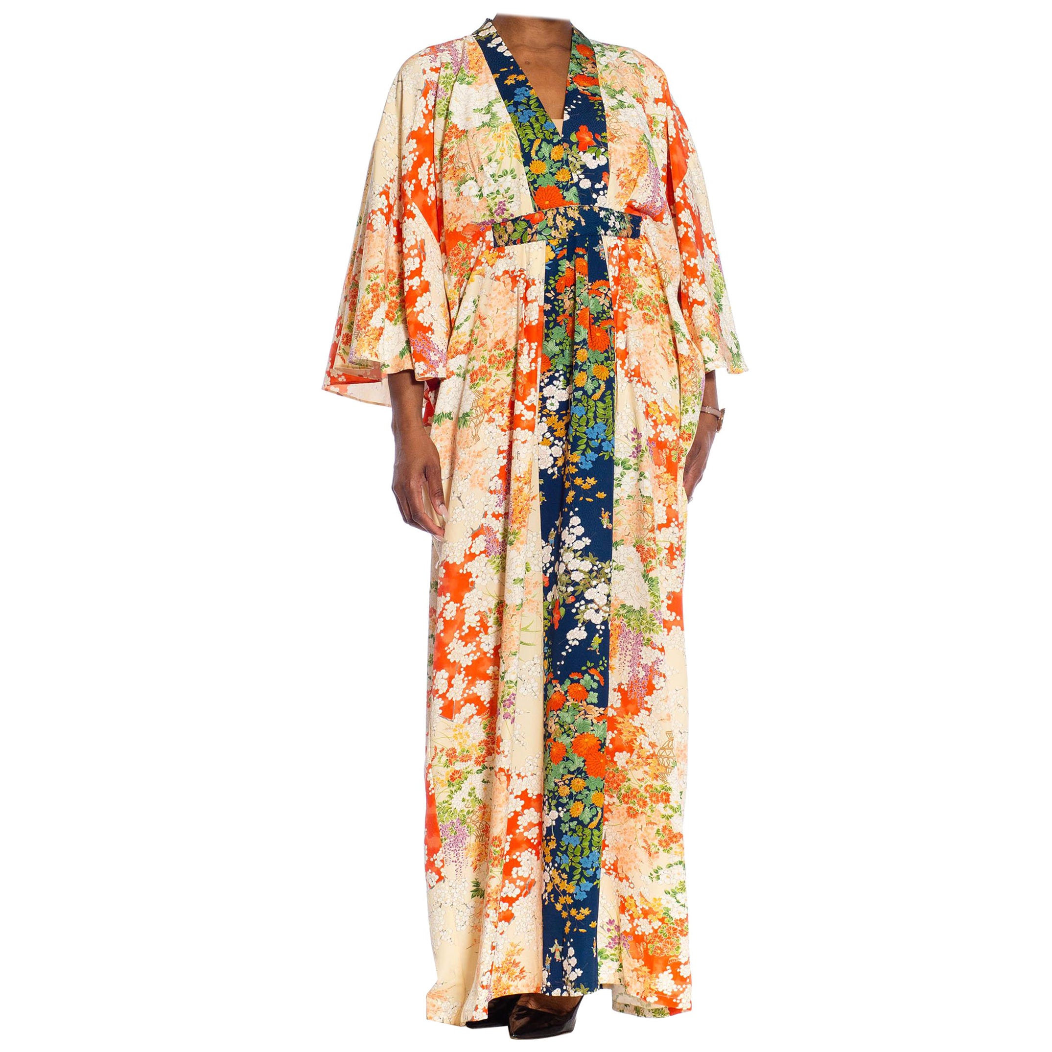 MORPHEW COLLECTION Orange & White Japanese Kimono Silk Floral Kaftan With Dark  For Sale