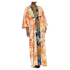 MORPHEW COLLECTION Orange & White Japanese Kimono Silk Floral Kaftan With Dark