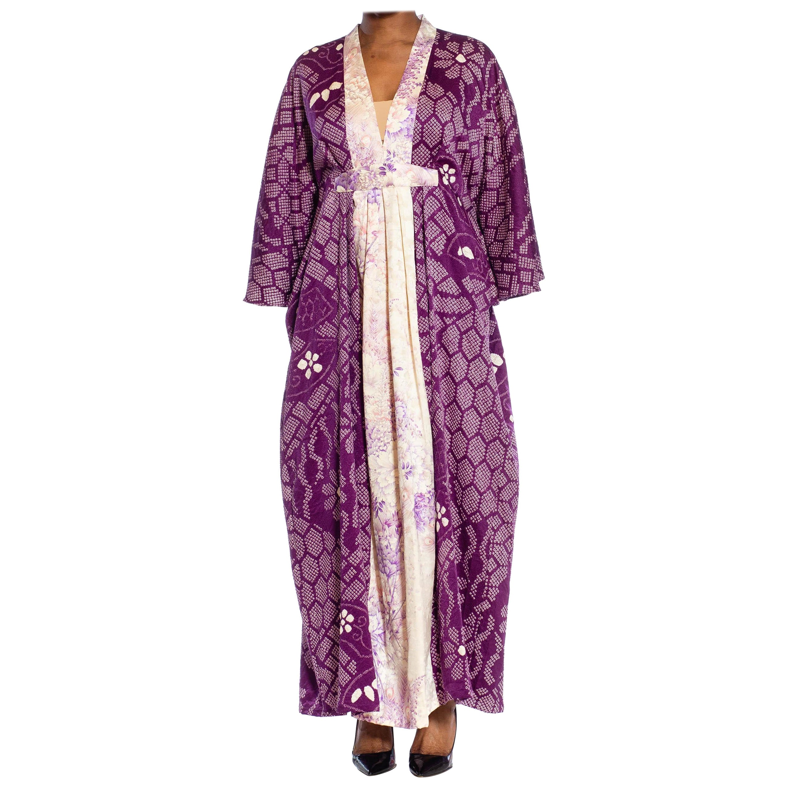 MORPHEW COLLECTION Purple Japanese Shibori Silk Kaftan With Lilac Neckline For Sale
