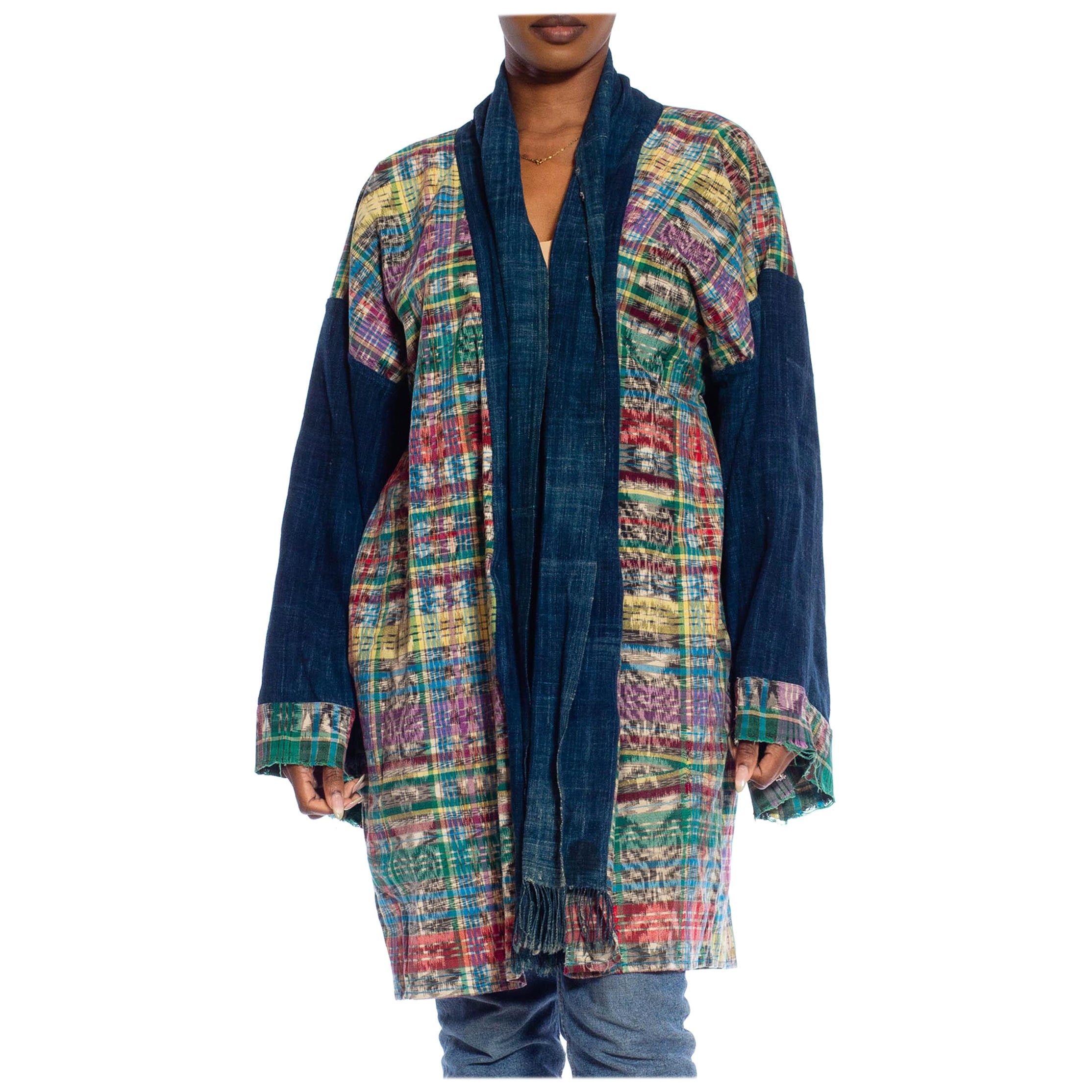 MORPHEW COLLECTION Navy Blue Multi African Cotton & Hand-Woven Guatemalan Ikat  For Sale