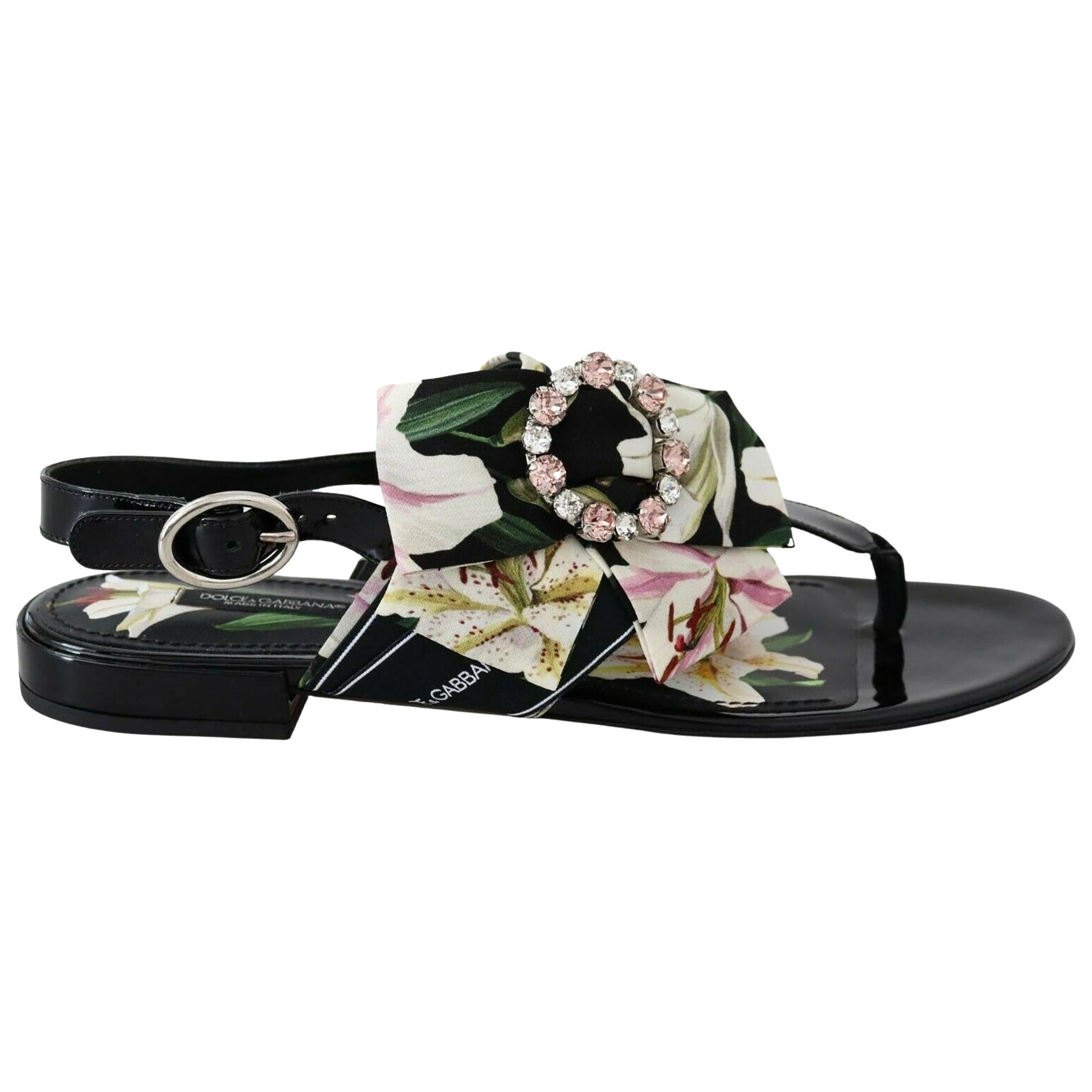 Dolce & Gabbana Black White Silk Floral Lily Flats Shoes Sandals Flip Flops DG For Sale