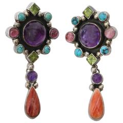 Vintage Pair of Coral, Amethyst, Turquoise, Citrine and Sterling Silver Earrings