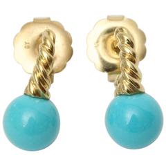 Pair of Turquoise and 14 Carat Gold Drop Earrings