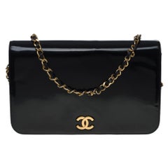 Chanel Classic Full Flap Umhängetasche aus schwarzem Lackleder, GHW