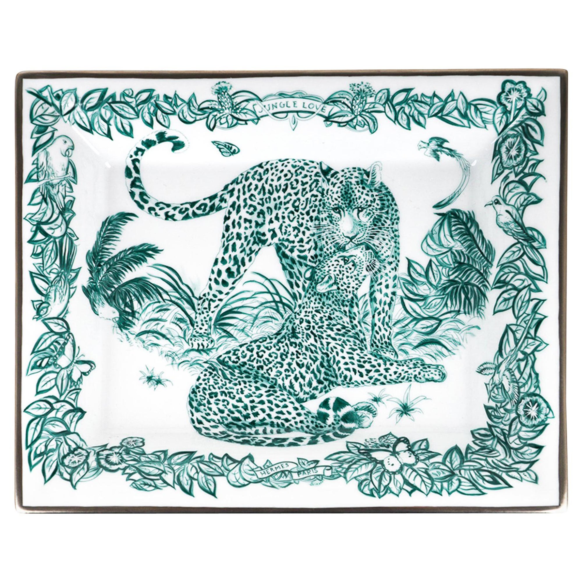 Hermes Tray Jungle Love Emerald Limoges Porcelain New w/ Box For Sale