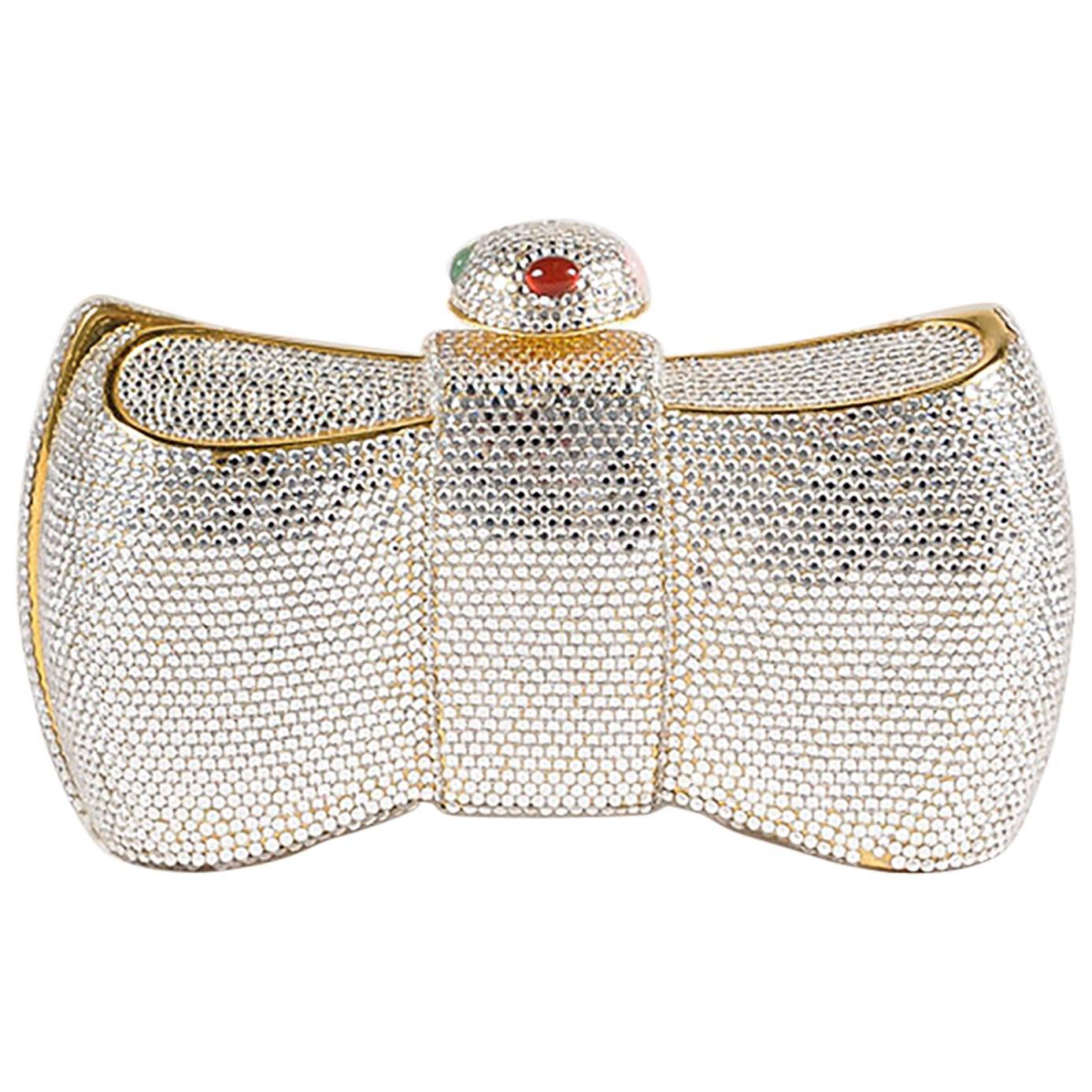 Judith Leiber Gold Tone Crystal Embellished Bow Minaudiere Shoulder Bag For Sale