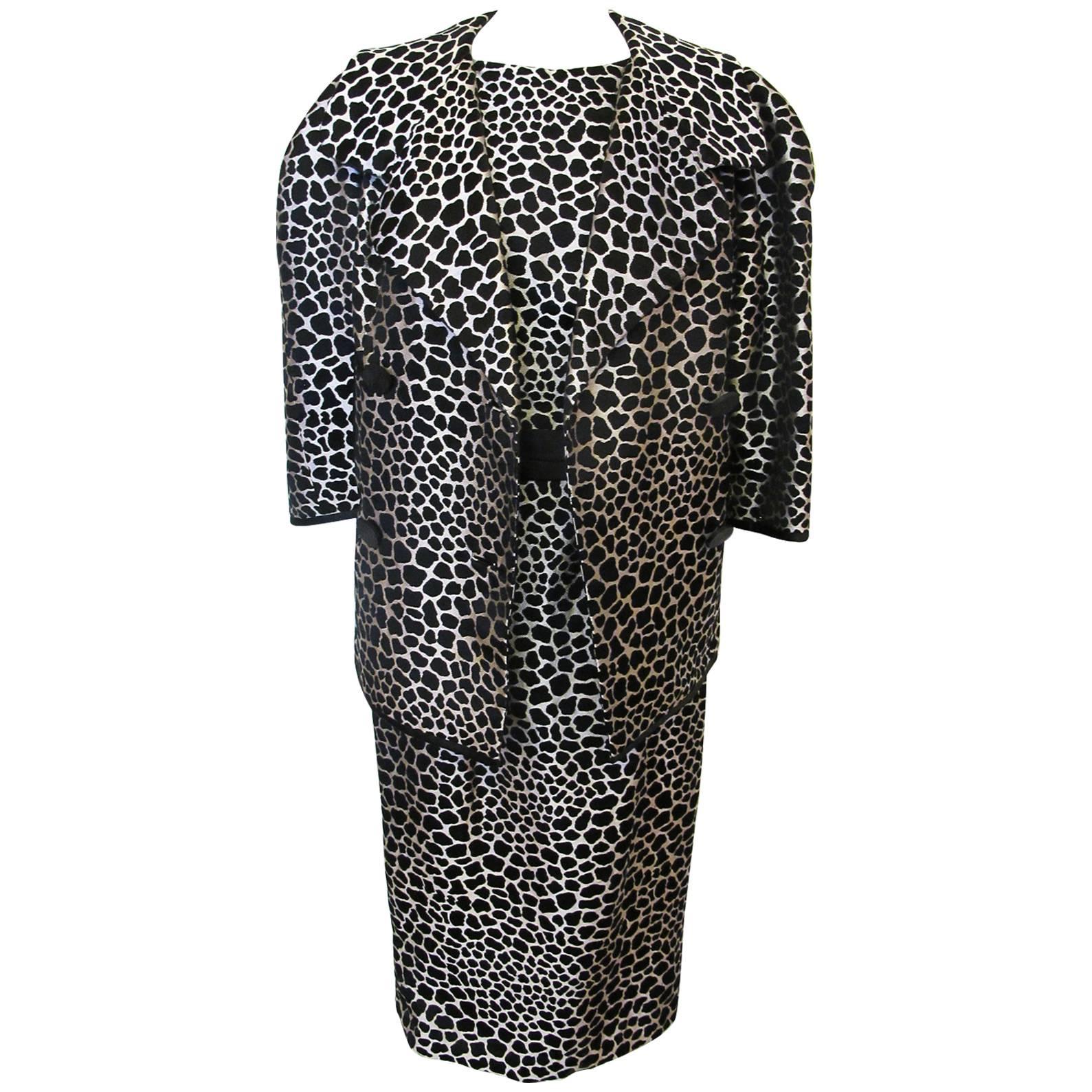 Galanos Black and White Giraffe Print Sleeveless Dress with Matching Jacket For Sale