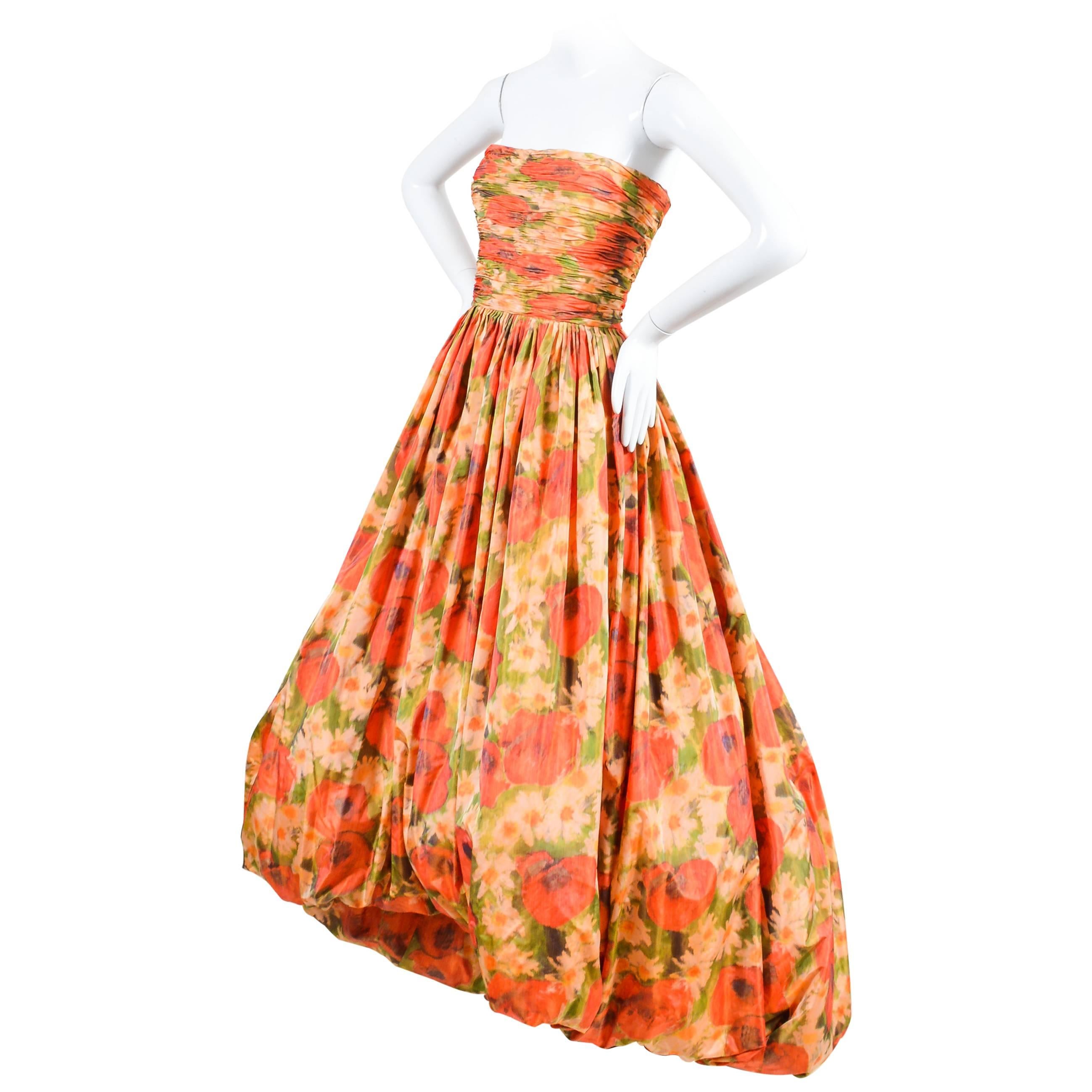 Orange Oscar de la Renta Red Green Yellow Silk Floral Print Full Strapless Gown SZ 12 For Sale