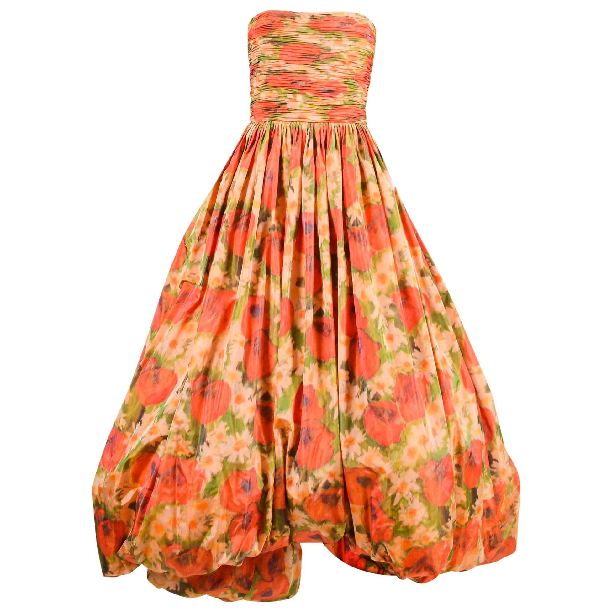 Oscar de la Renta Red Green Yellow Silk Floral Print Full Strapless Gown SZ 12 For Sale
