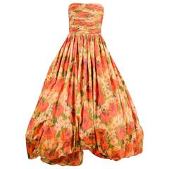 Oscar de la Renta Red Green Yellow Silk Floral Print Full Strapless Gown SZ 12