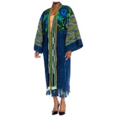 MORPHEW COLLECTION Navy Blue & Green African Cotton Vintage 1960S Floral Duster