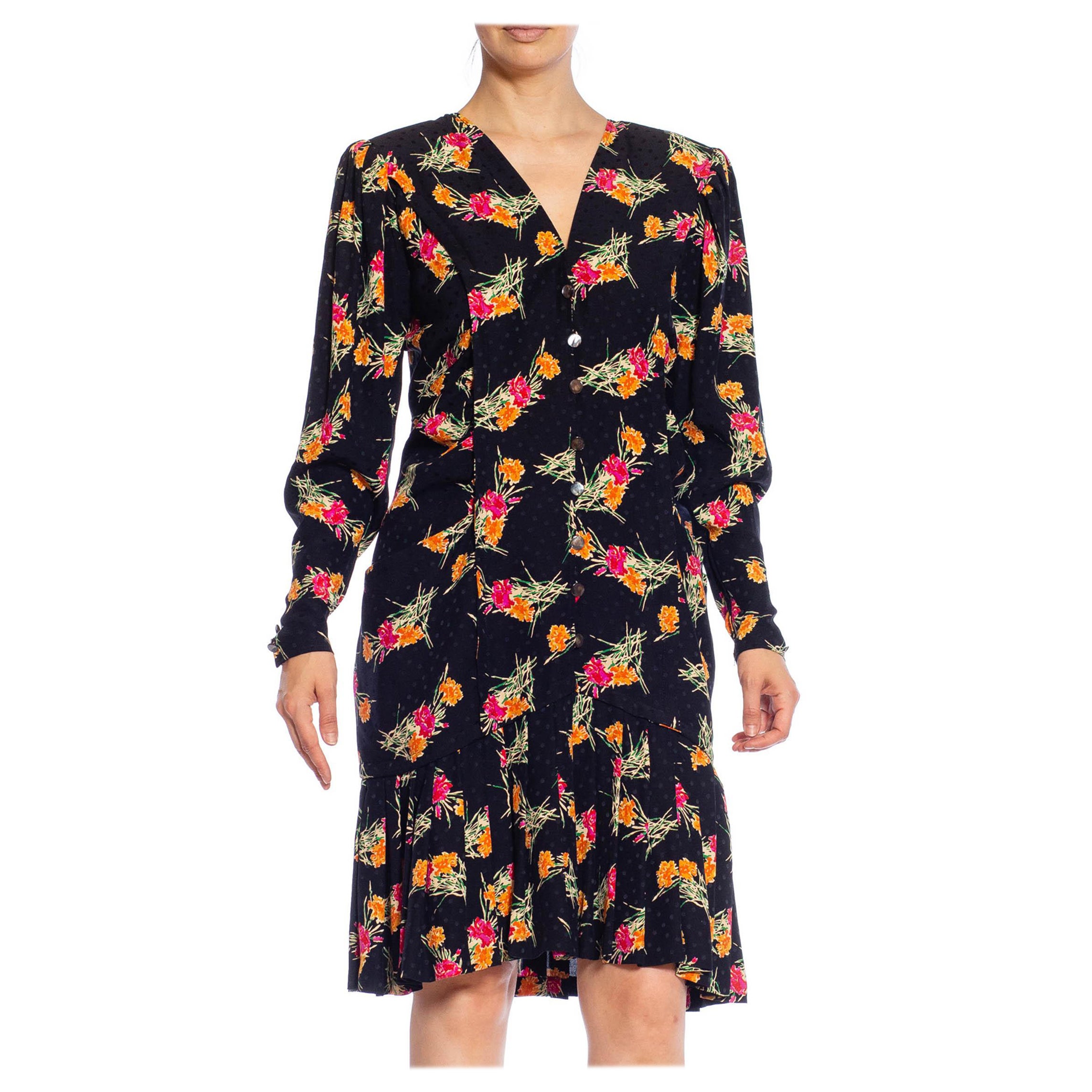 1980S EMANUEL UNGARO Black, Pink & Orange Floral Silk Long Sleeve Dress With Po For Sale